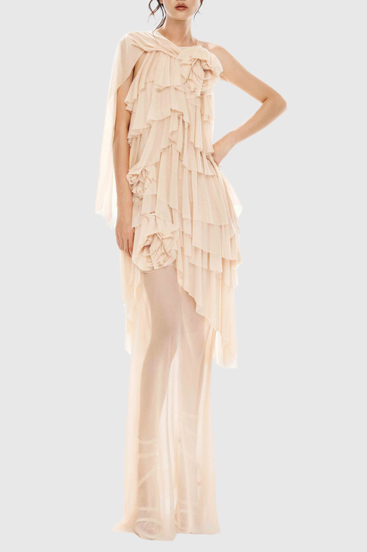 Oaskia Sleeveless Ruffle Maxi Dress - Nude