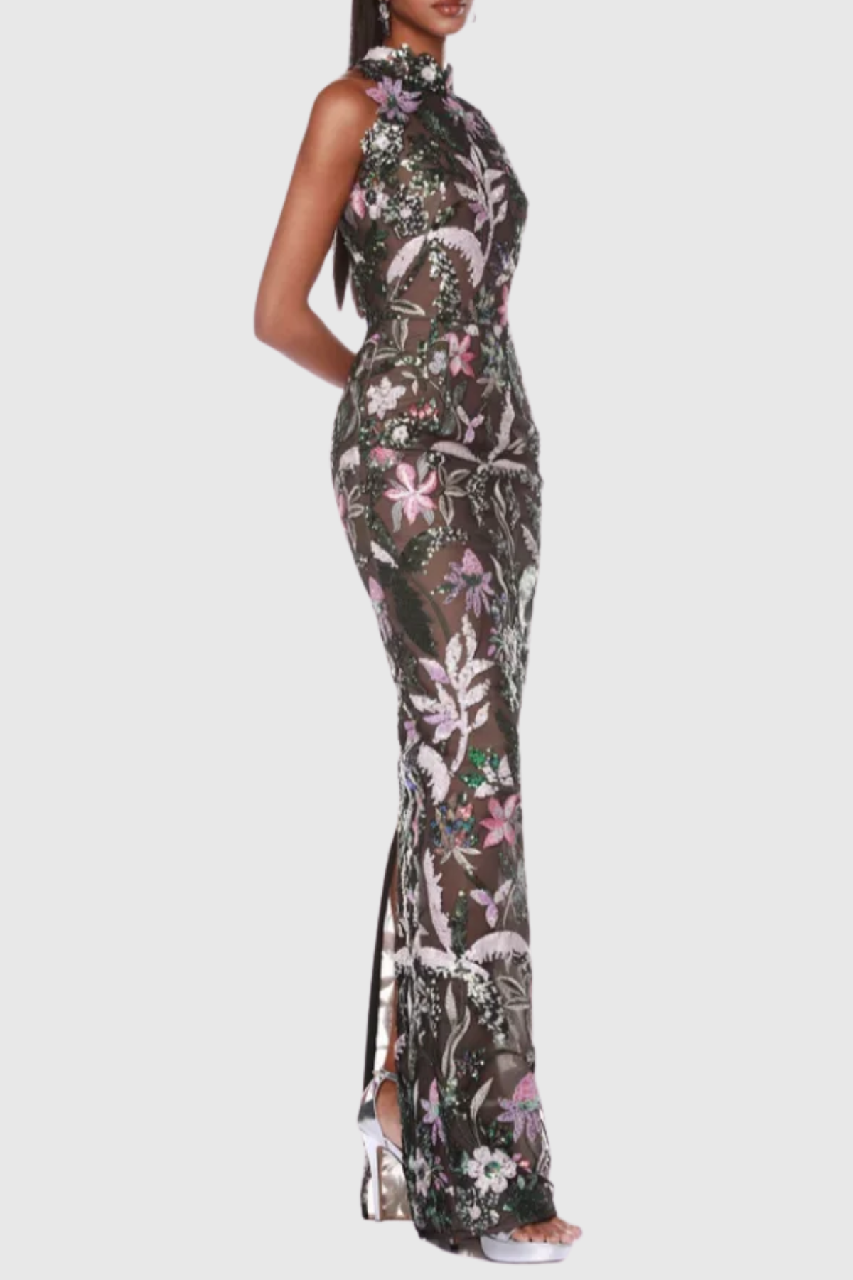 Odilia Floral Sequin Embroidered Sleeveless Maxi Dress