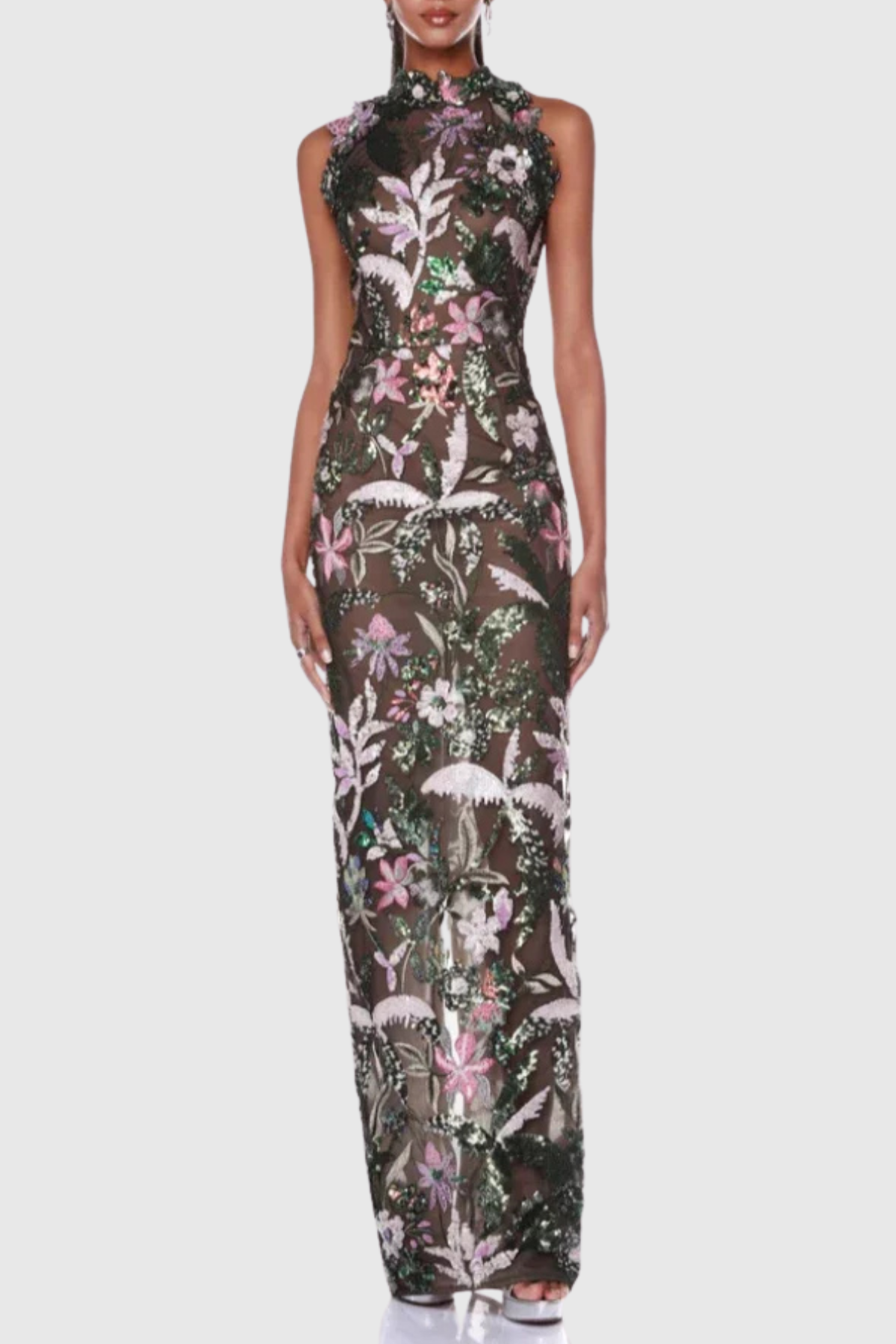 Odilia Floral Sequin Embroidered Sleeveless Maxi Dress