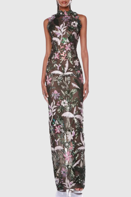Odilia Floral Sequin Embroidered Sleeveless Maxi Dress