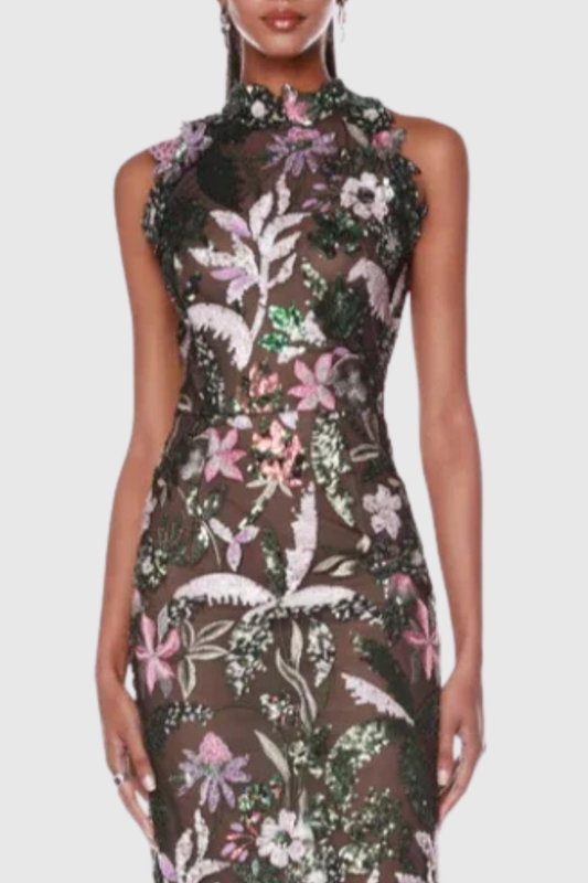 Odilia Floral Sequin Embroidered Sleeveless Maxi Dress