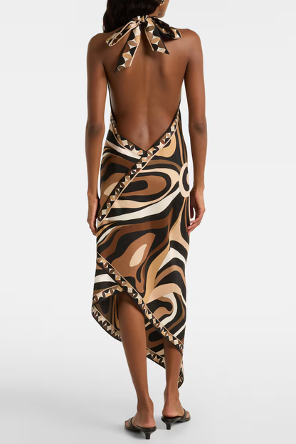 Oipley Halter Swirl Midi Dress - Brown