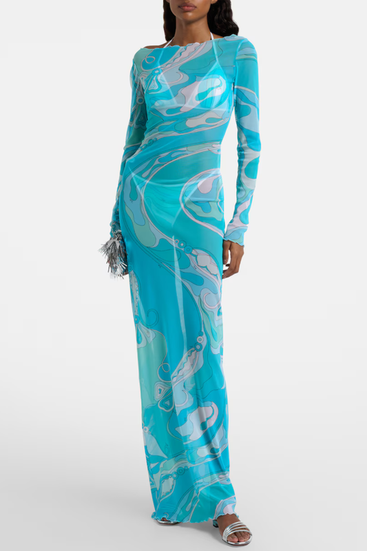 Oipley Swirl Mesh Maxi Dress - Blue