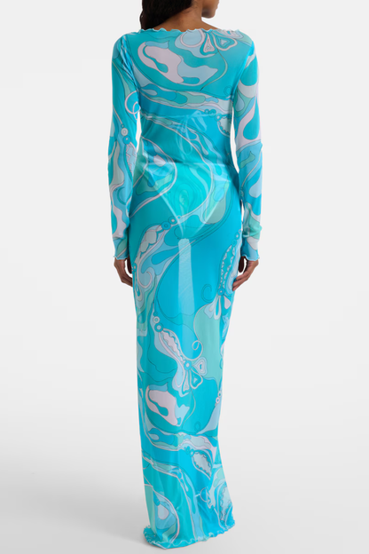 Oipley Swirl Mesh Maxi Dress - Blue
