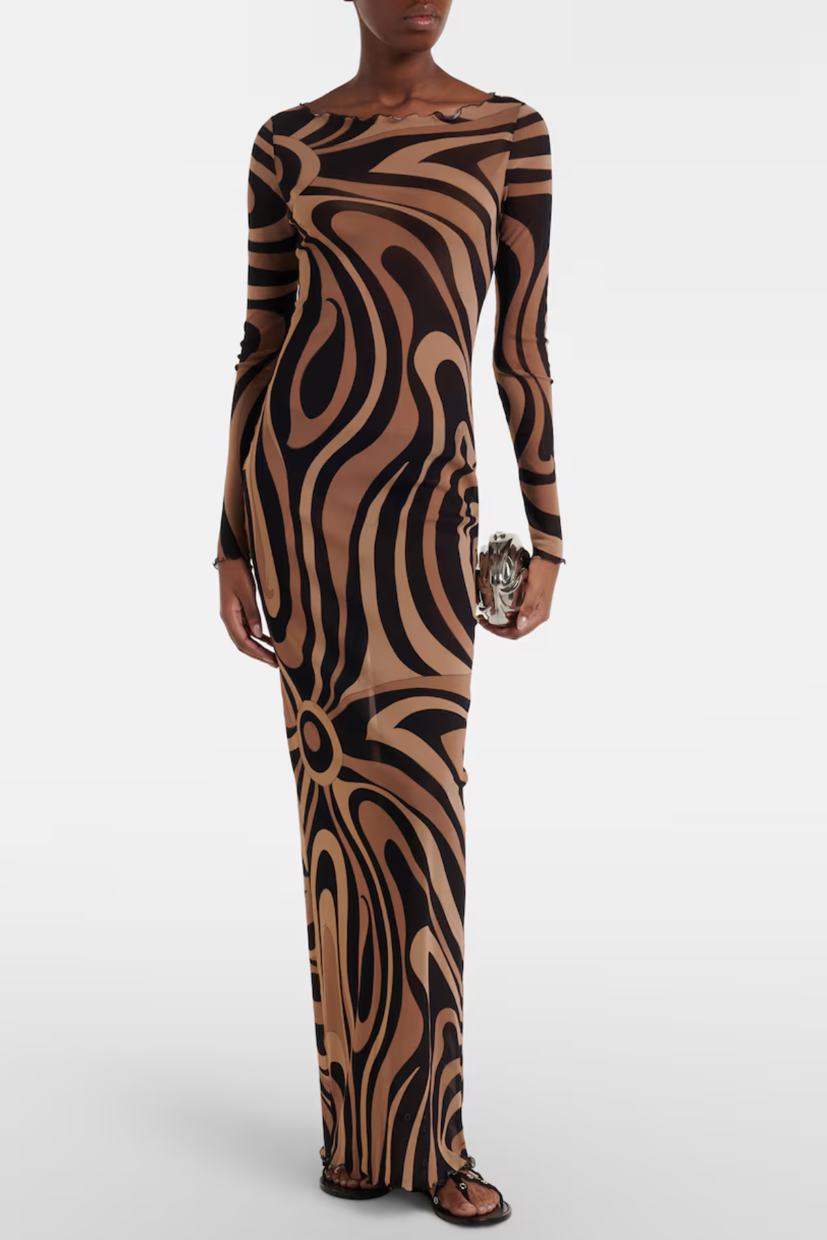 Oipley Swirl Mesh Maxi Dress - Brown