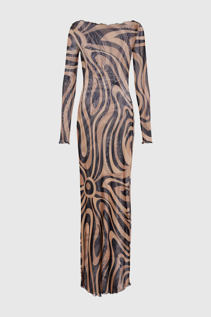 Oipley Swirl Mesh Maxi Dress - Brown