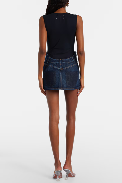 Okalyn Curved Denim Mini Skirt