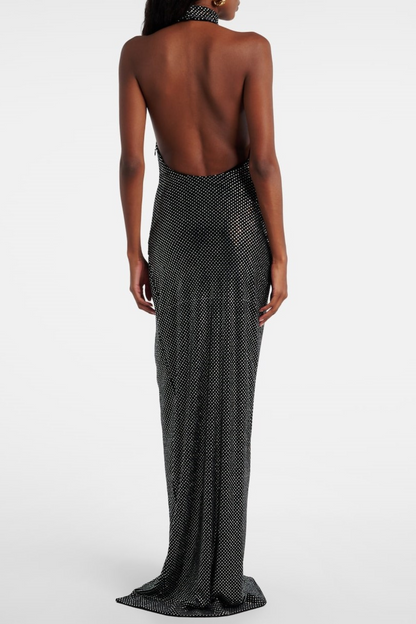 Oksana Halter Crystal Embellished Split Maxi Dress
