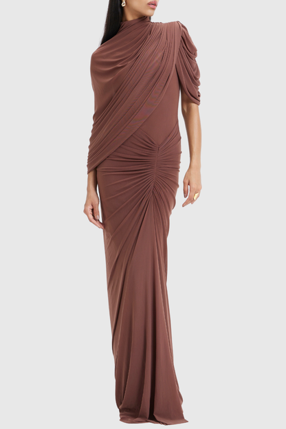 Olema Asymmetric Ruched Cape Maxi Dress