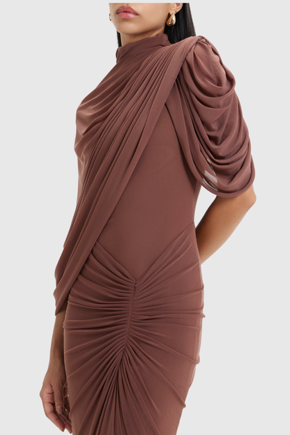 Olema Asymmetric Ruched Cape Maxi Dress