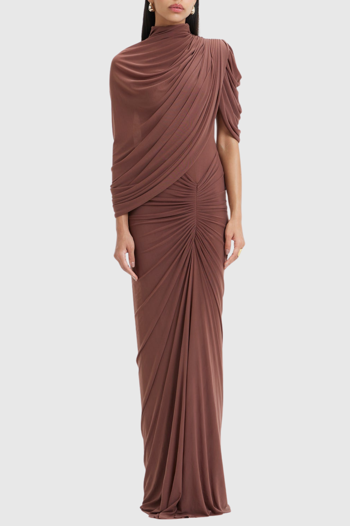 Olema Asymmetric Ruched Cape Maxi Dress