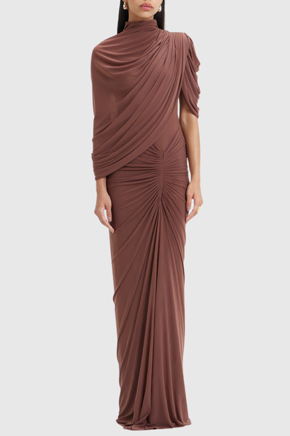 Olema Asymmetric Ruched Cape Maxi Dress