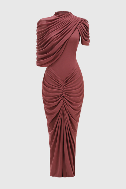 Olema Asymmetric Ruched Cape Maxi Dress