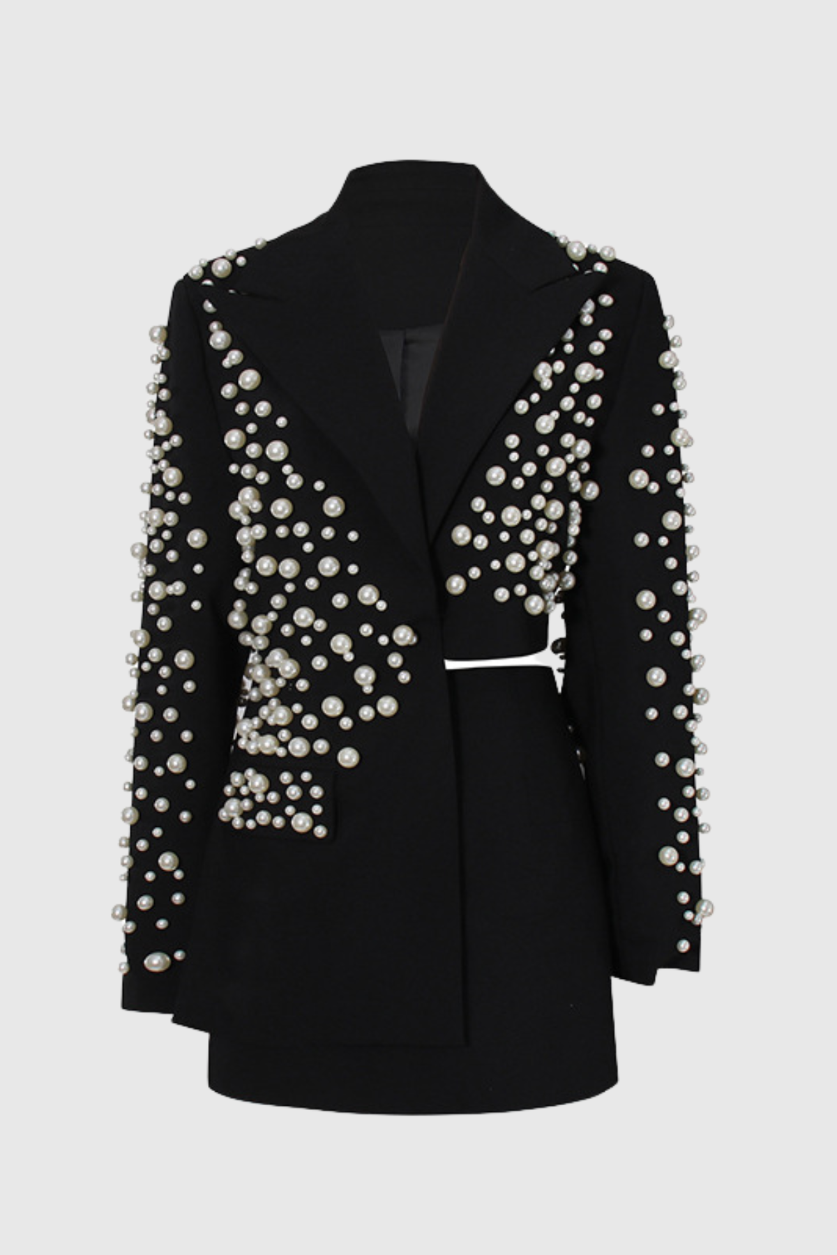 Olwa Asymmetrical Pearl Embellished Blazer & Skirt Set - Black