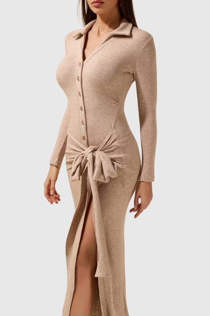 Omara Bow Tie-waist Knit Midi Dress - Khaki