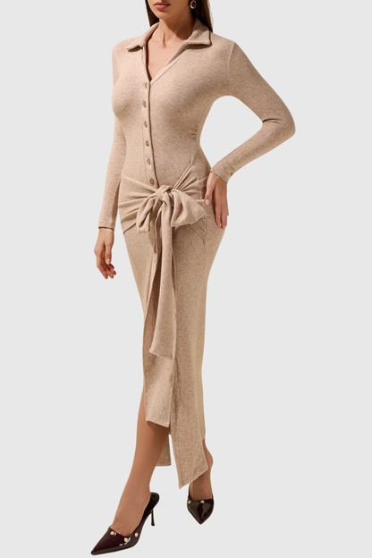 Omara Bow Tie-waist Knit Midi Dress - Khaki