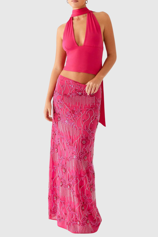 Ongus Beaded Sequin Maxi Skirt - Fuchsia