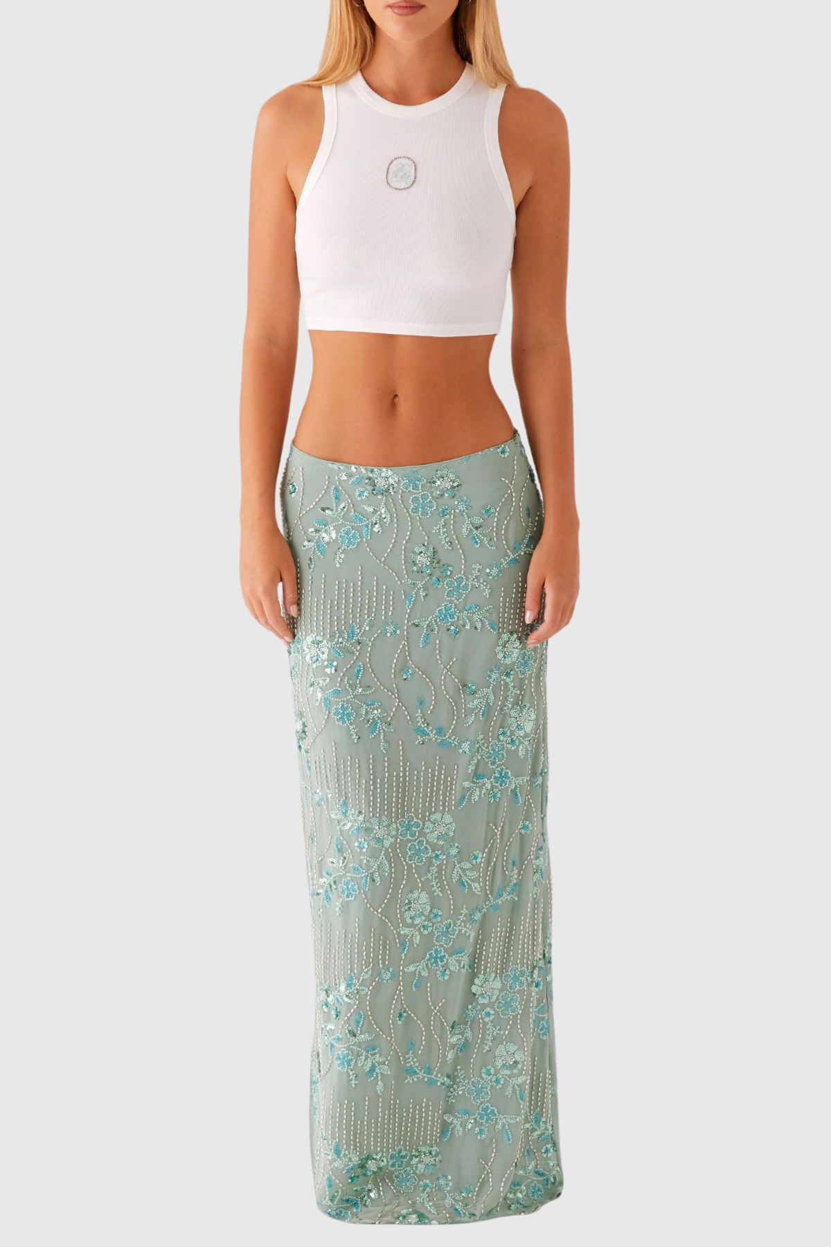 Ongus Beaded Sequin Maxi Skirt - Green