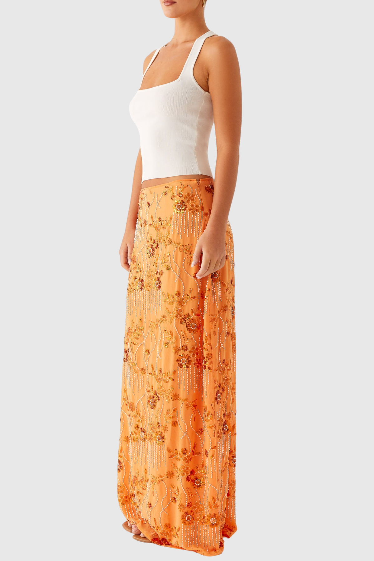 Ongus Beaded Sequin Maxi Skirt - Orange