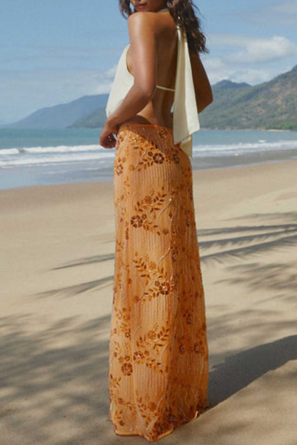 Ongus Beaded Sequin Maxi Skirt - Orange