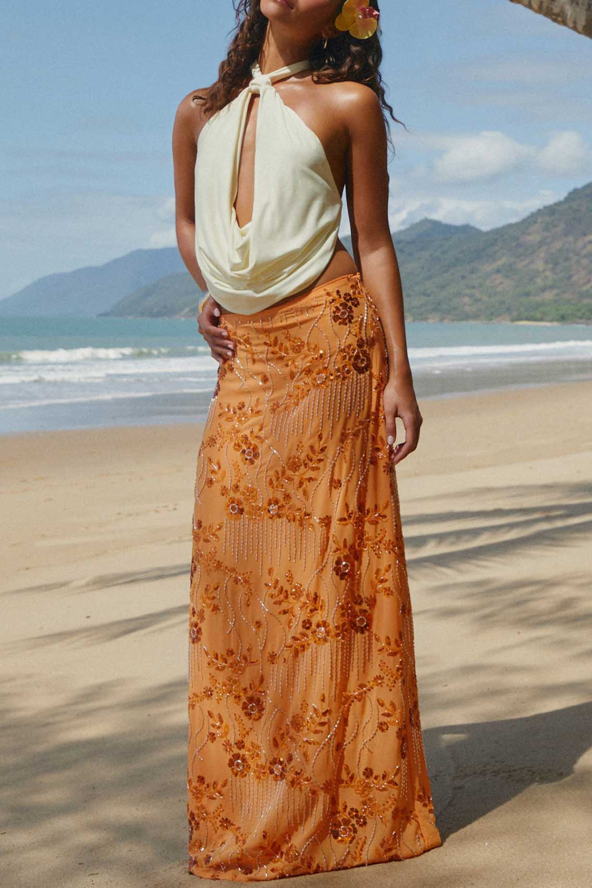 Ongus Beaded Sequin Maxi Skirt - Orange
