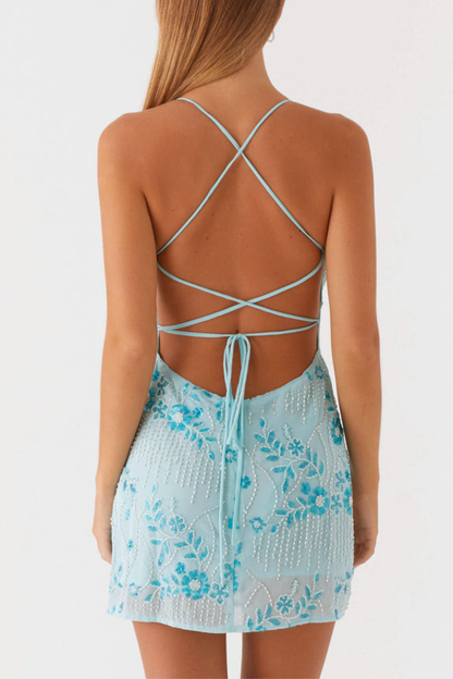 Ongus Floral Sequin Cami Mini Dress - Blue