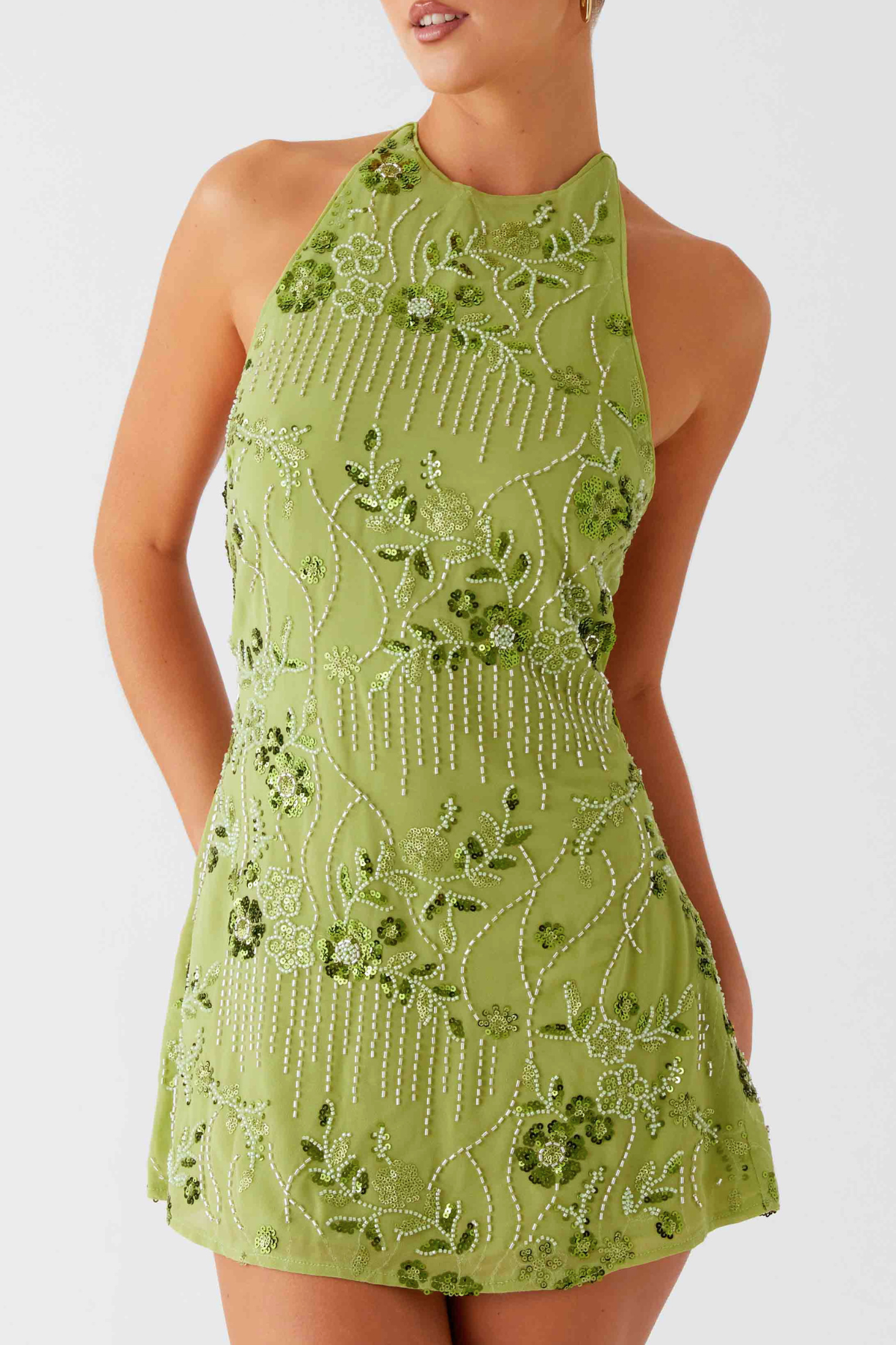 Ongus Floral Sequin Halter Mini Dress - Green