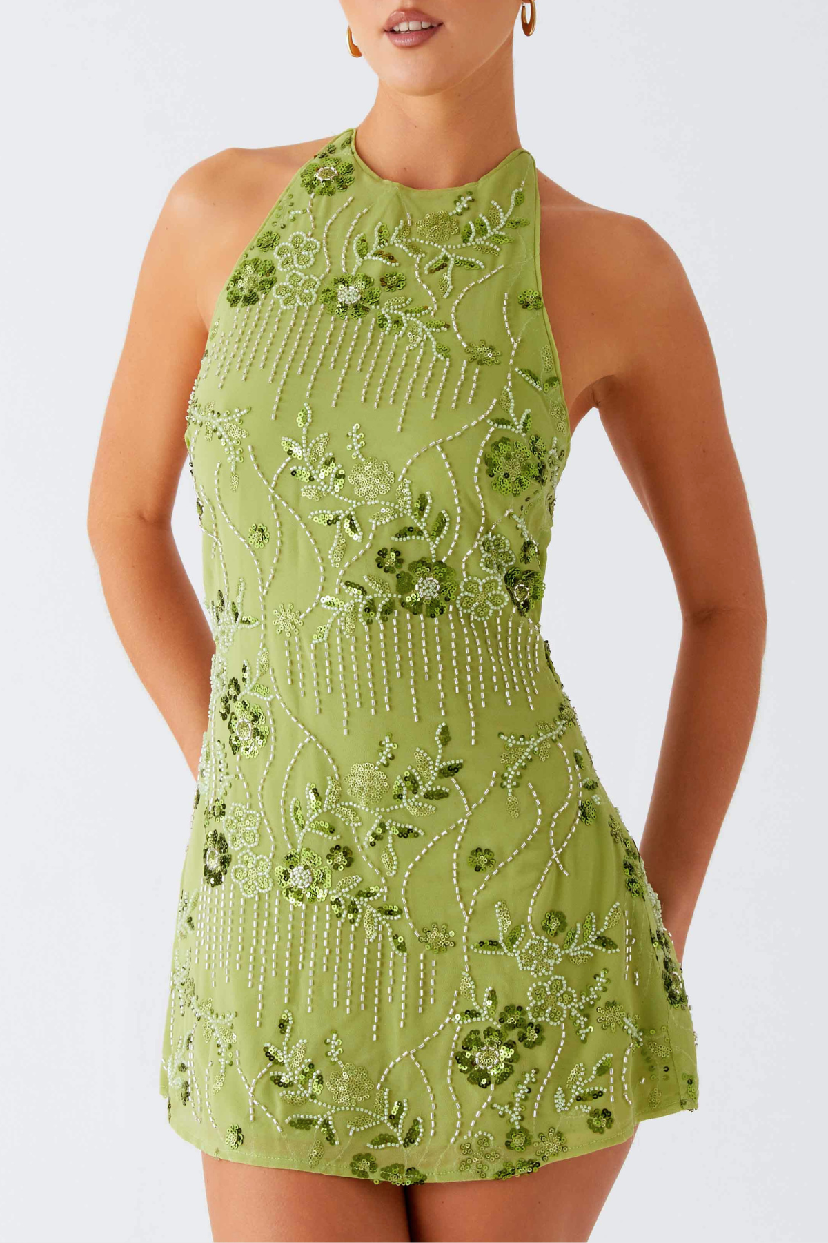 Ongus Floral Sequin Halter Mini Dress - Green