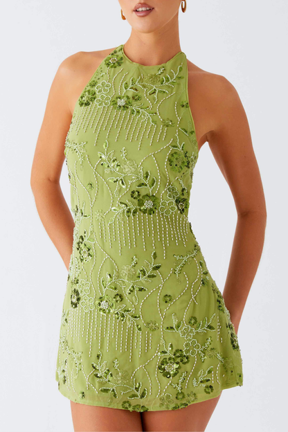 Ongus Floral Sequin Halter Mini Dress - Green