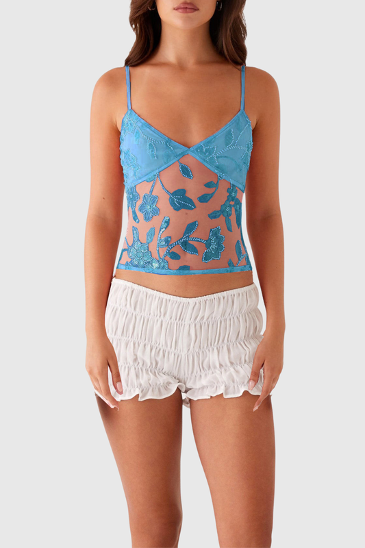Ongus Floral Sequin Tulle Top - Blue