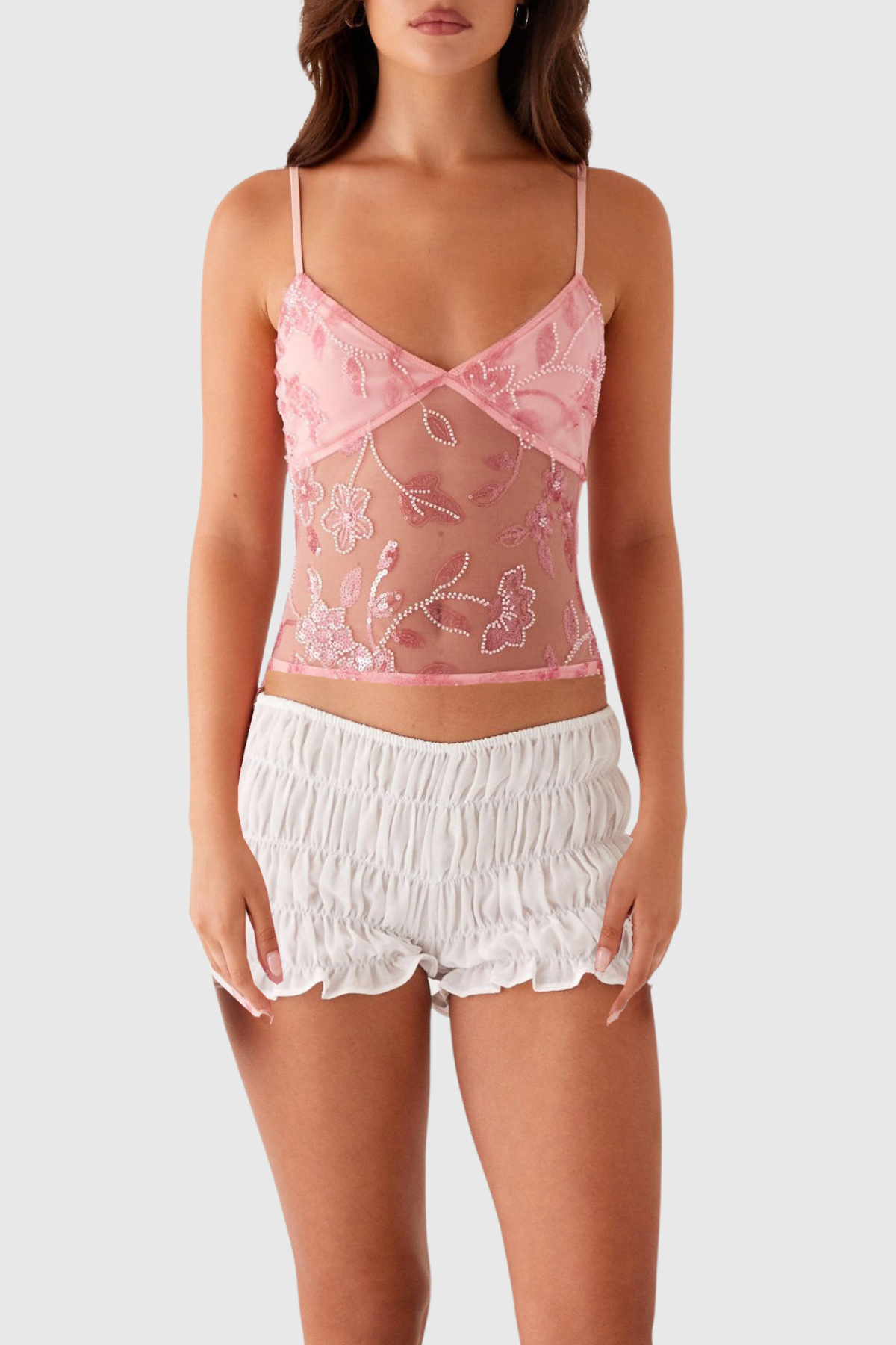Ongus Floral Sequin Tulle Top - Pink