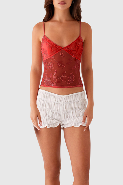 Ongus Floral Sequin Tulle Top - Red