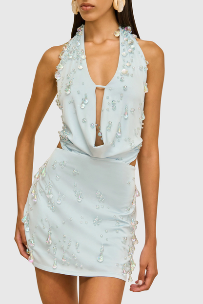 Orchid Halter Beaded Embellished Cutout Mini Dress