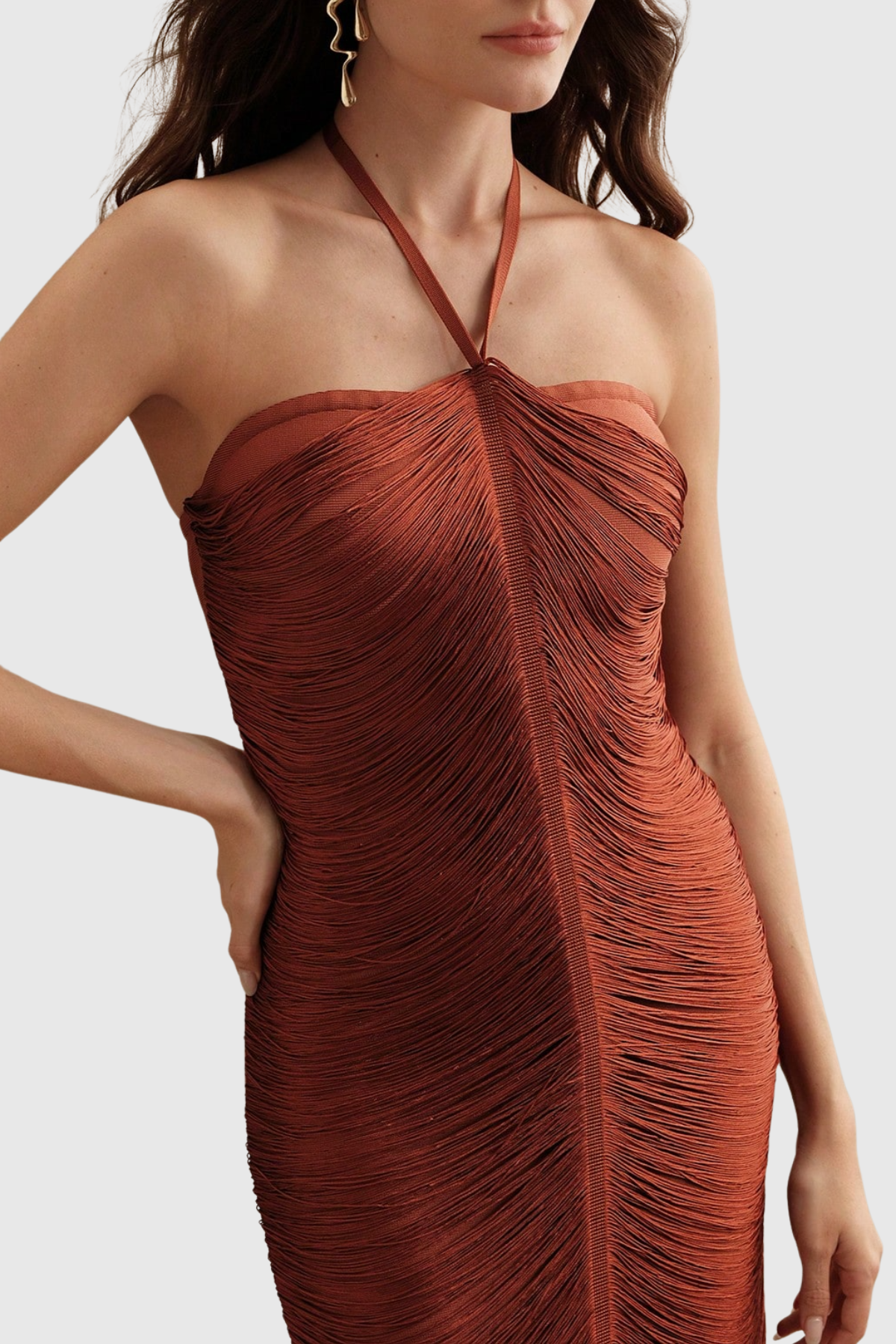 Oriana Halter Fringe Maxi Bandage Dress - Brown