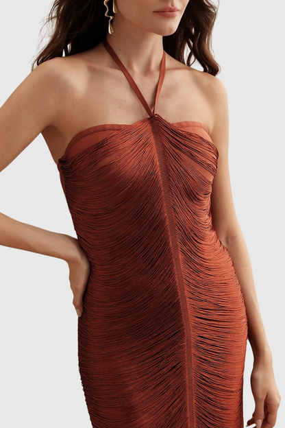 Oriana Halter Fringe Maxi Bandage Dress - Brown