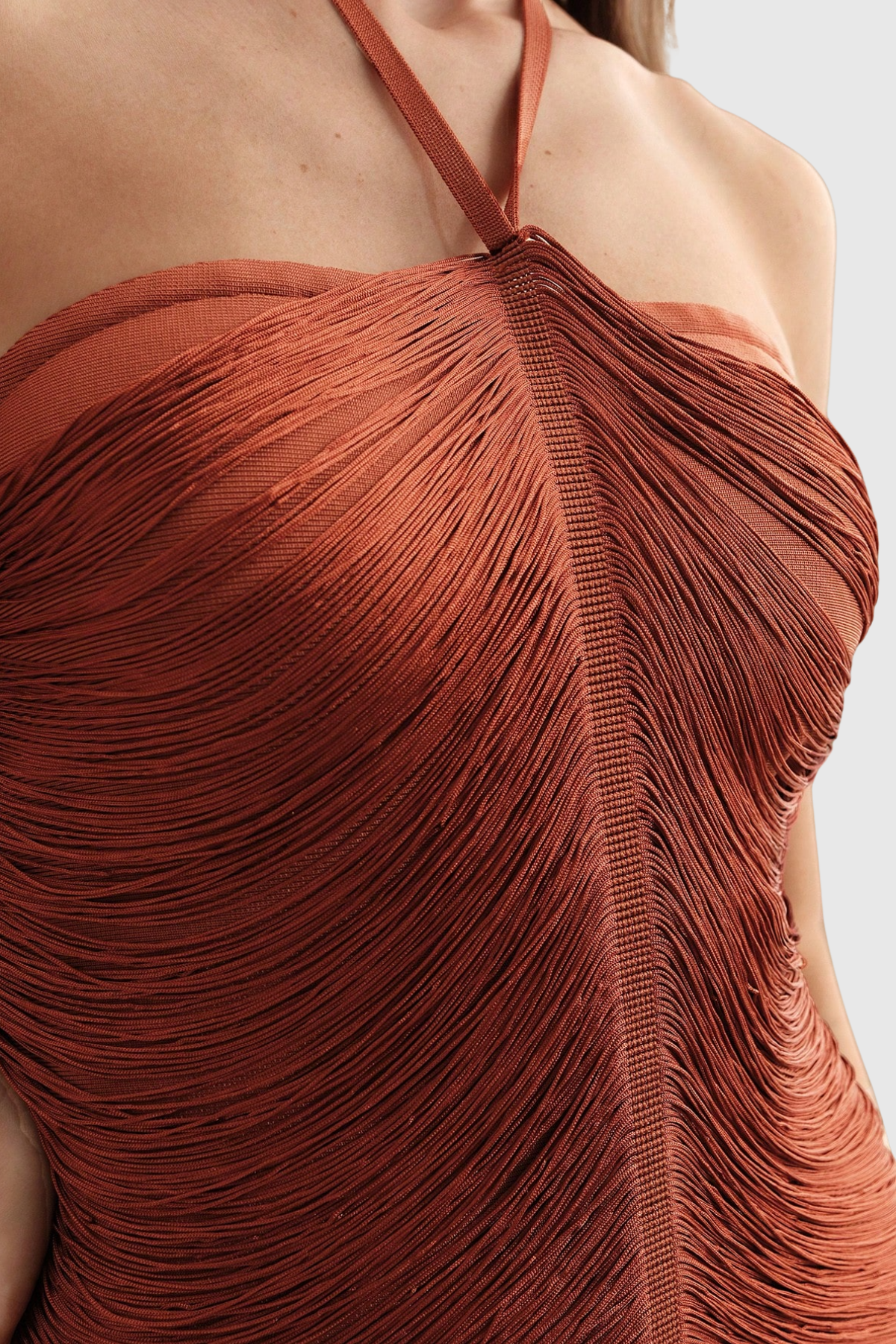 Oriana Halter Fringe Maxi Bandage Dress - Brown