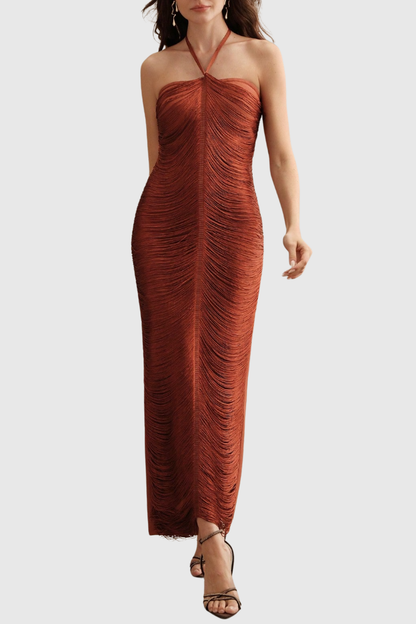 Oriana Halter Fringe Maxi Bandage Dress - Brown