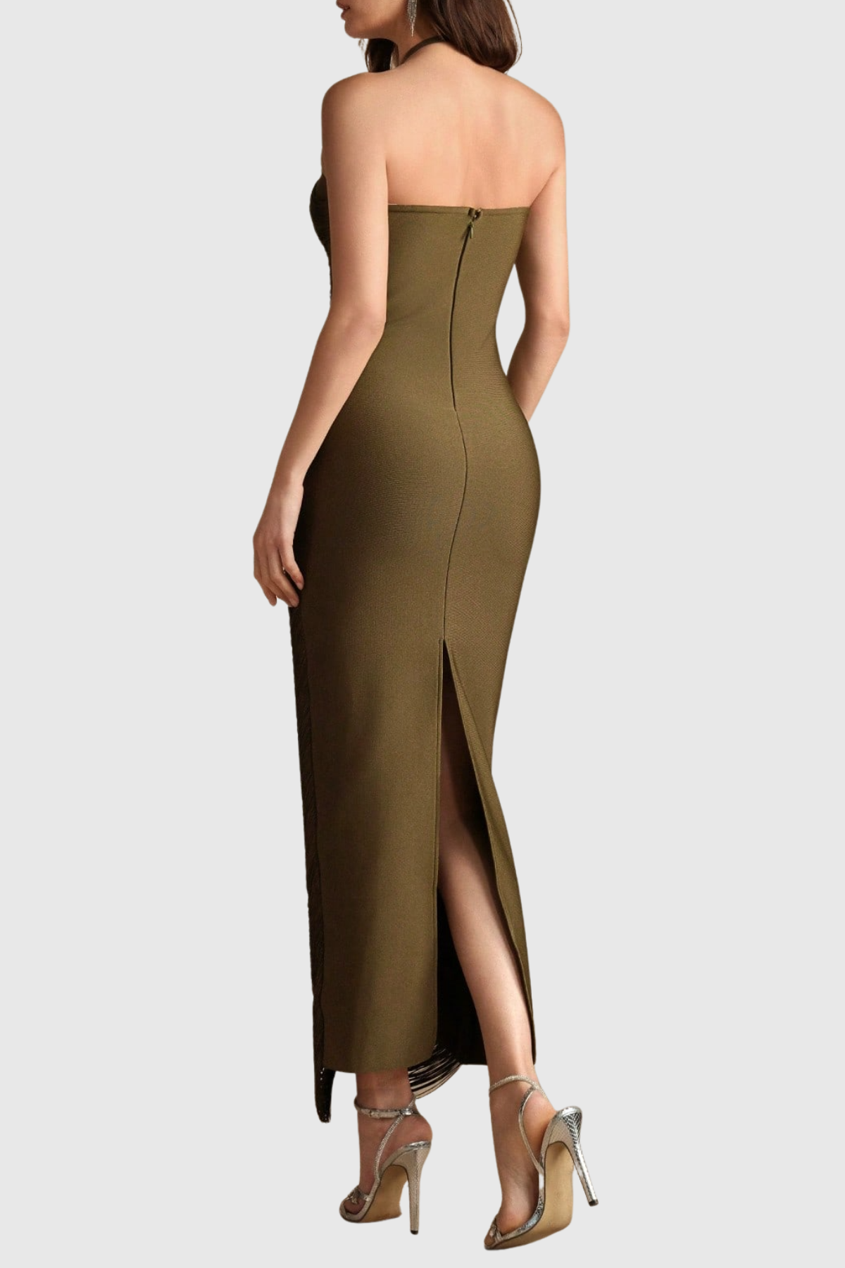 Oriana Halter Fringe Maxi Bandage Dress - Green