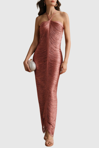 Oriana Halter Fringe Maxi Bandage Dress - Pink