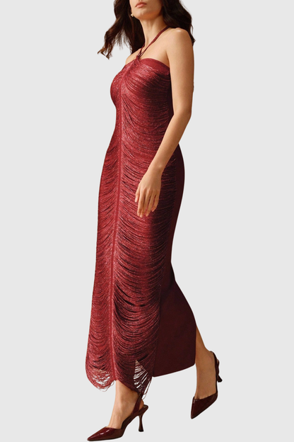 Oriana Halter Fringe Maxi Bandage Dress - Red