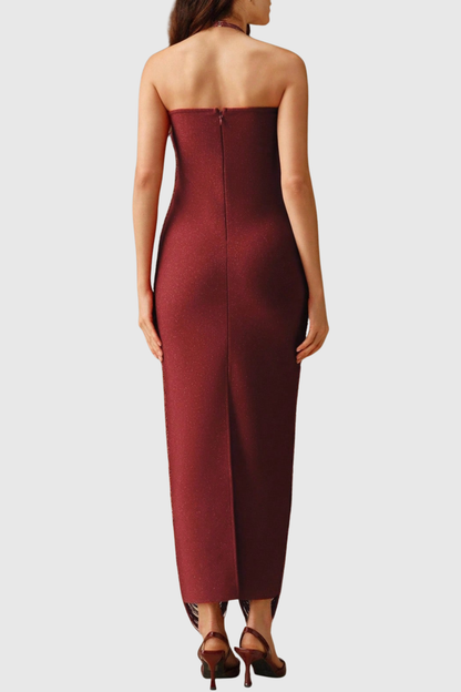 Oriana Halter Fringe Maxi Bandage Dress - Red