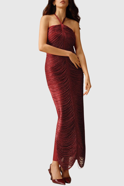 Oriana Halter Fringe Maxi Bandage Dress - Red