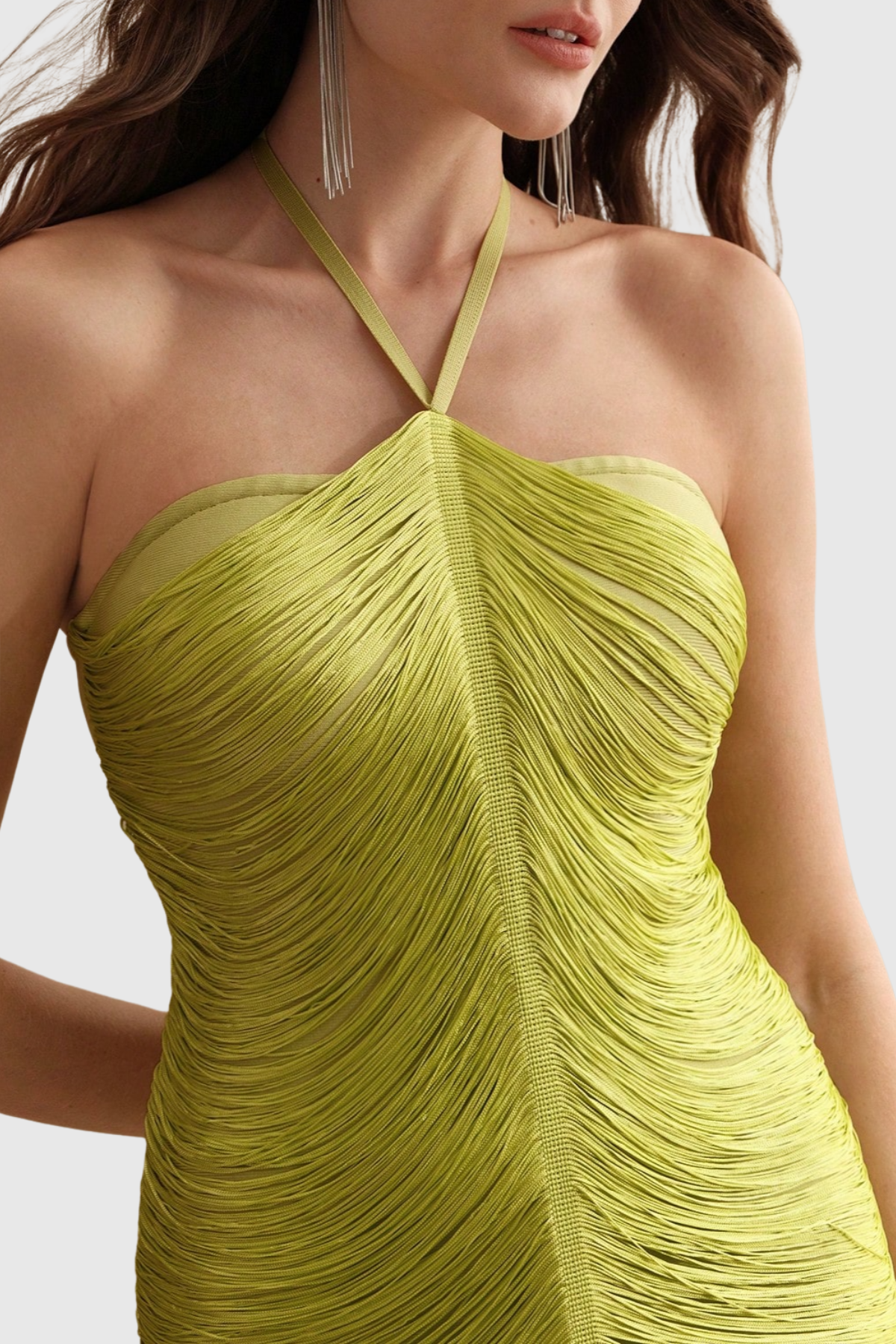 Oriana Halter Fringe Maxi Bandage Dress - Yellow