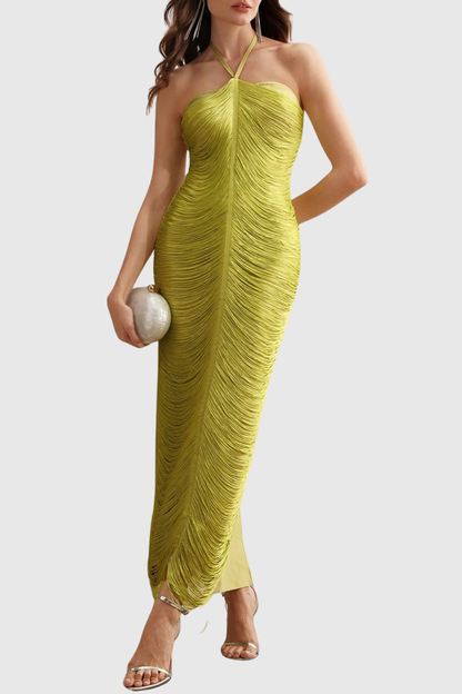 Oriana Halter Fringe Maxi Bandage Dress - Yellow