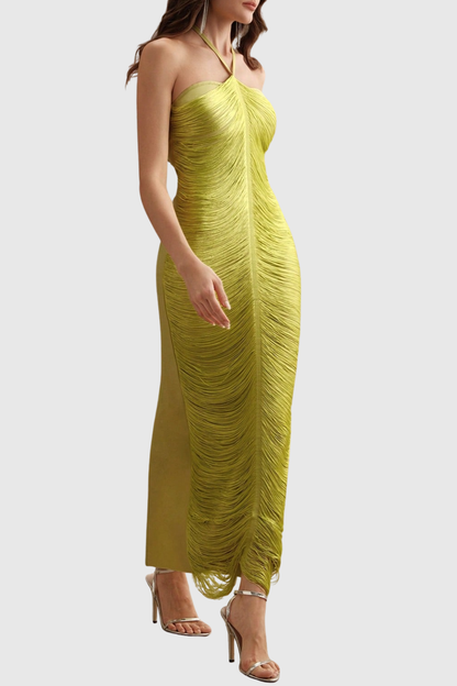 Oriana Halter Fringe Maxi Bandage Dress - Yellow