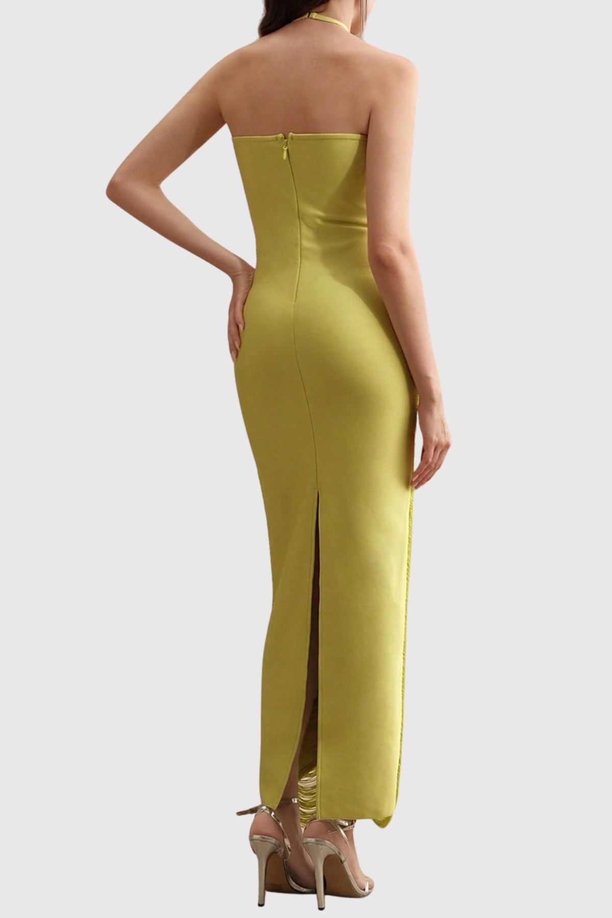 Oriana Halter Fringe Maxi Bandage Dress - Yellow