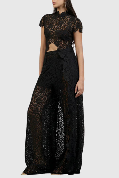Orlaith Floral Lace Top & Pants Set - Black