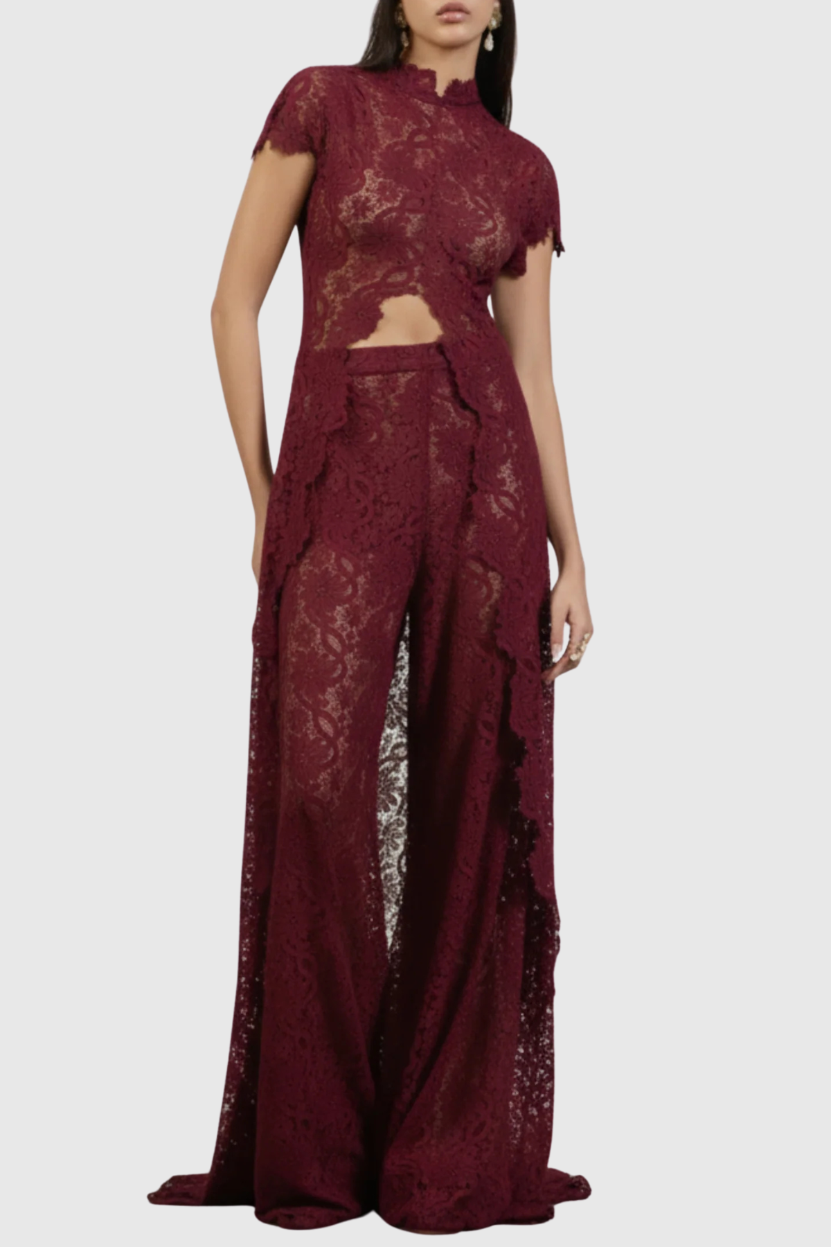 Orlaith Floral Lace Top & Pants Set - Wine