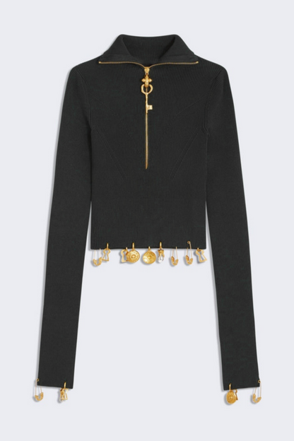 Ortiza Metal Embellished Knit Top & Midi Skirt Set - Black