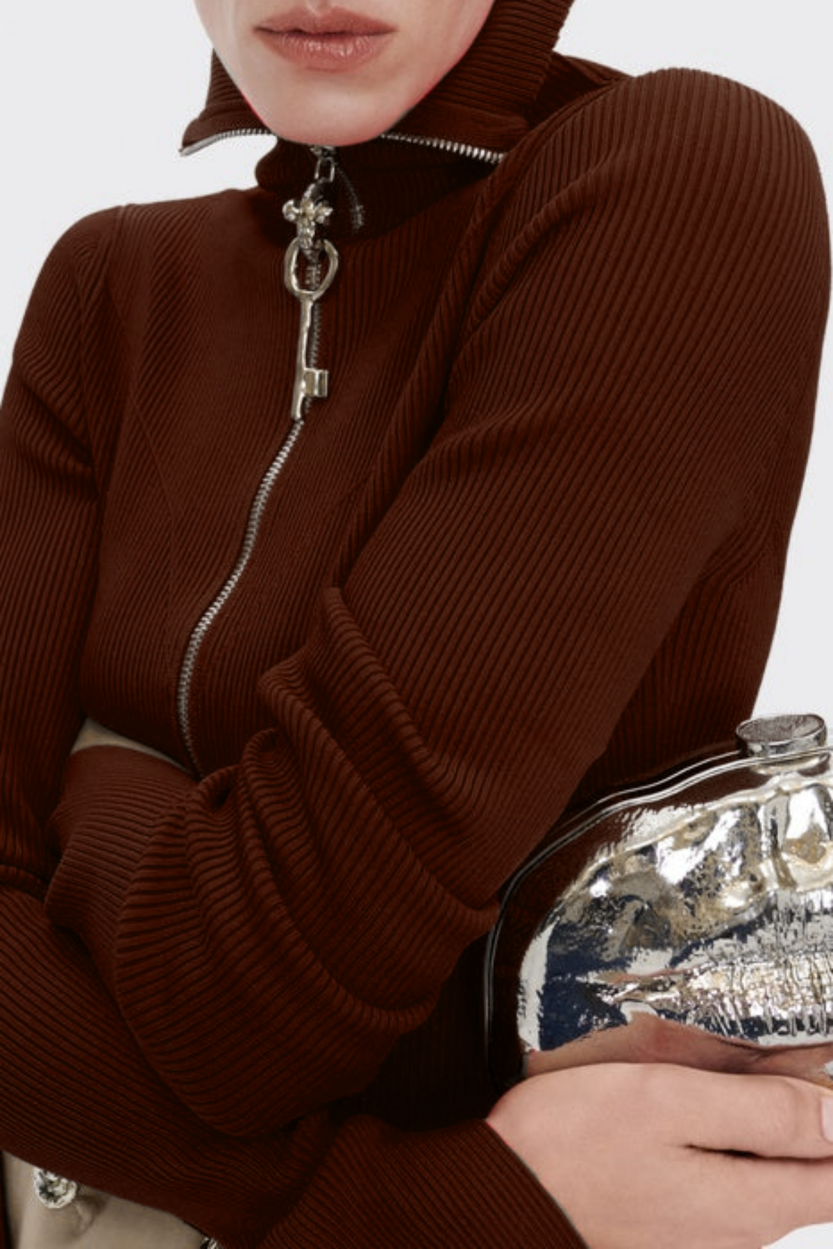Ortiza Metal Embellished Knit Top & Midi Skirt Set - Brown